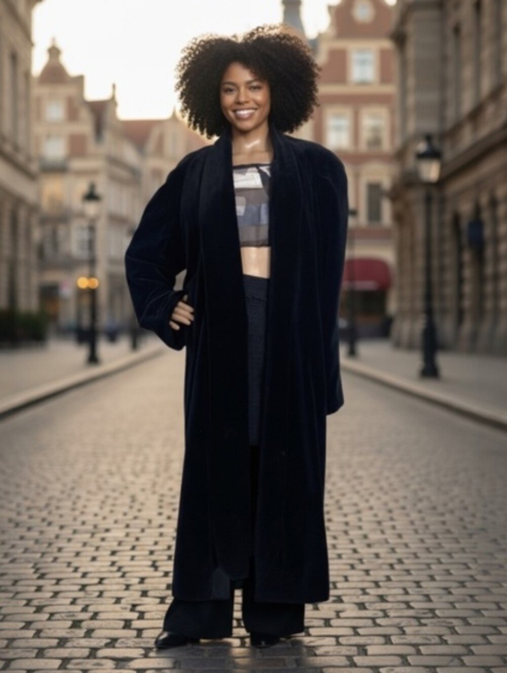 JS Collections Black Velvet Long Lounge Robe